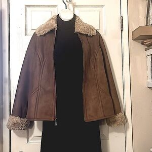 LW Faux Brown Suede Leather & Tan Sherpa Faux Fur Zipper Jacket Sz M